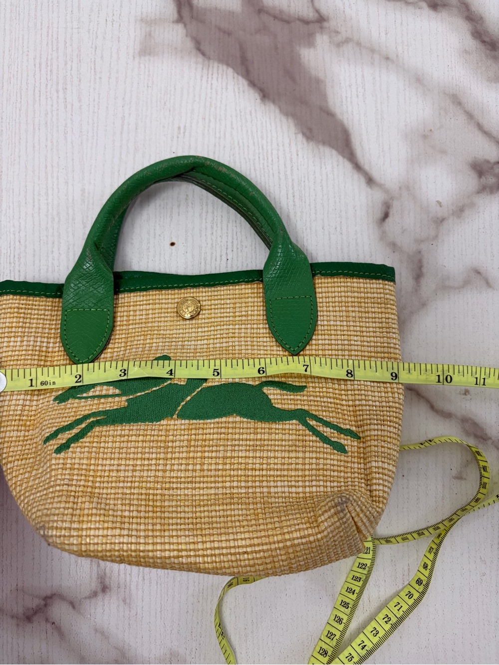 LONGCHAMP Le Panier Pliage Mini Straw Basket Tote Bag Green Horse Logo France - Picture 8 of 8
